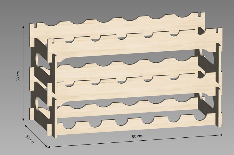 Modular, quick assembly wine rack 19 cm. x 30 cm x 60 cm. (12 or more bottles).
