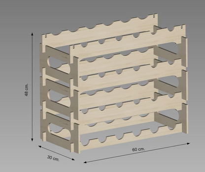 Modular, quick assembly wine rack 19 cm. x 30 cm x 60 cm. (12 or more bottles).