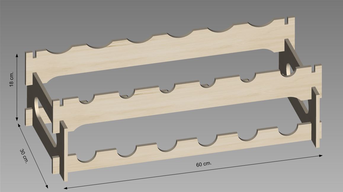 Modular, quick assembly wine rack 19 cm. x 30 cm x 60 cm. (12 or more bottles).