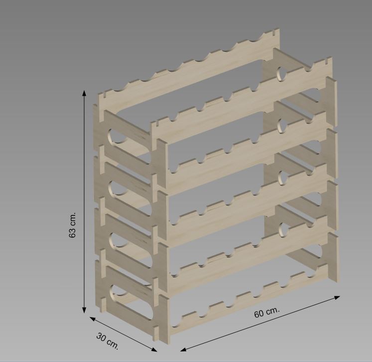 Modular, quick assembly wine rack 19 cm. x 30 cm x 60 cm. (12 or more bottles).